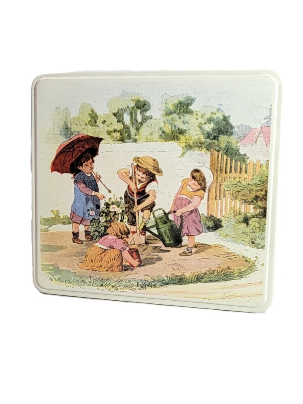 Vtg Massilly France Metal Tin Box Children Gardening Cottagecore Decor Square